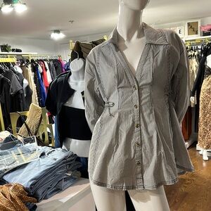 Striped Gray Button-Up Women's Top